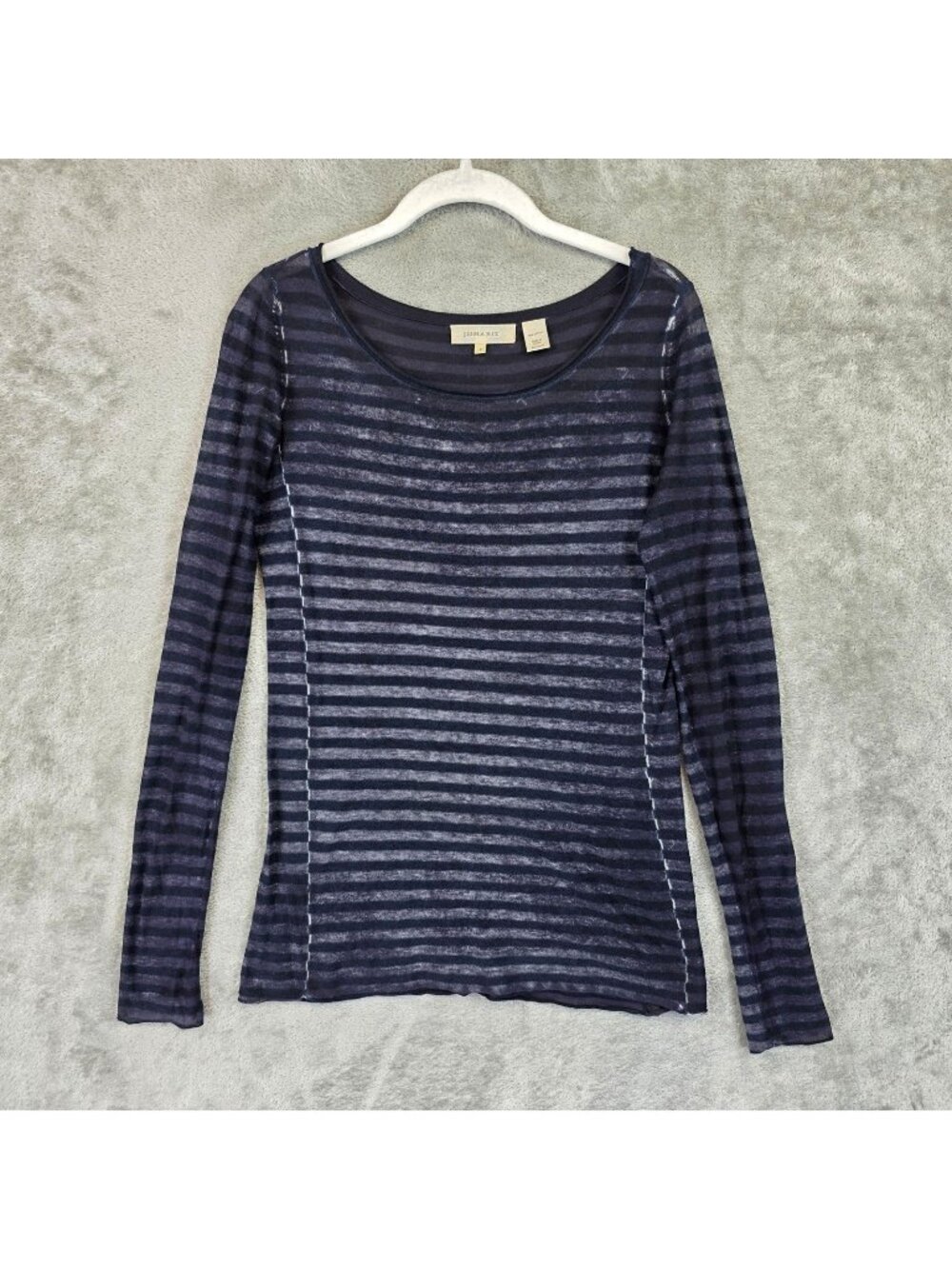 Inhabit T-Shirt Womens Size P Blue Striped Sheer Scoop Neck Knit Long Sleeve